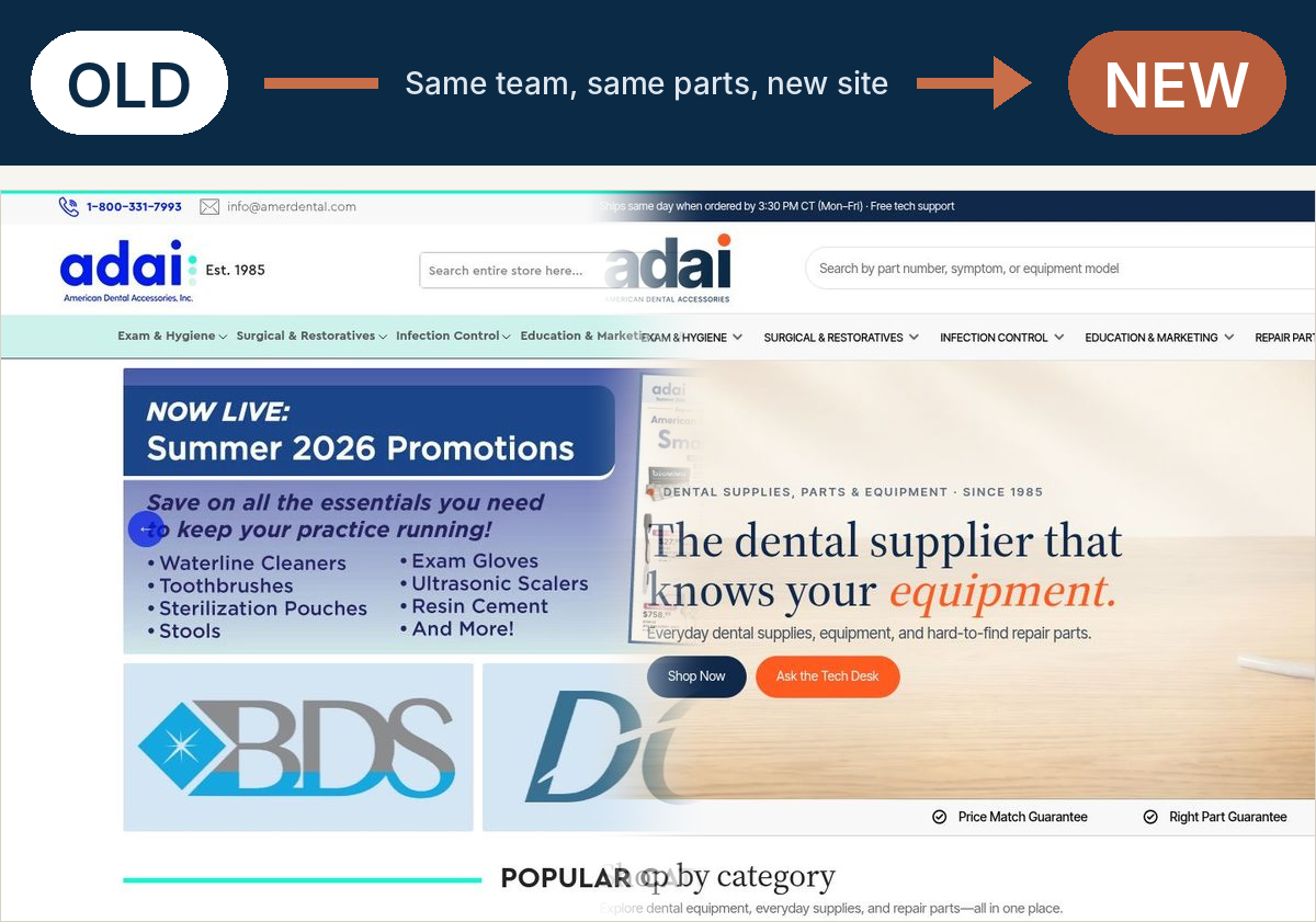 The old amerdental.com homepage on the left, an arrow, and the new homepage on the right