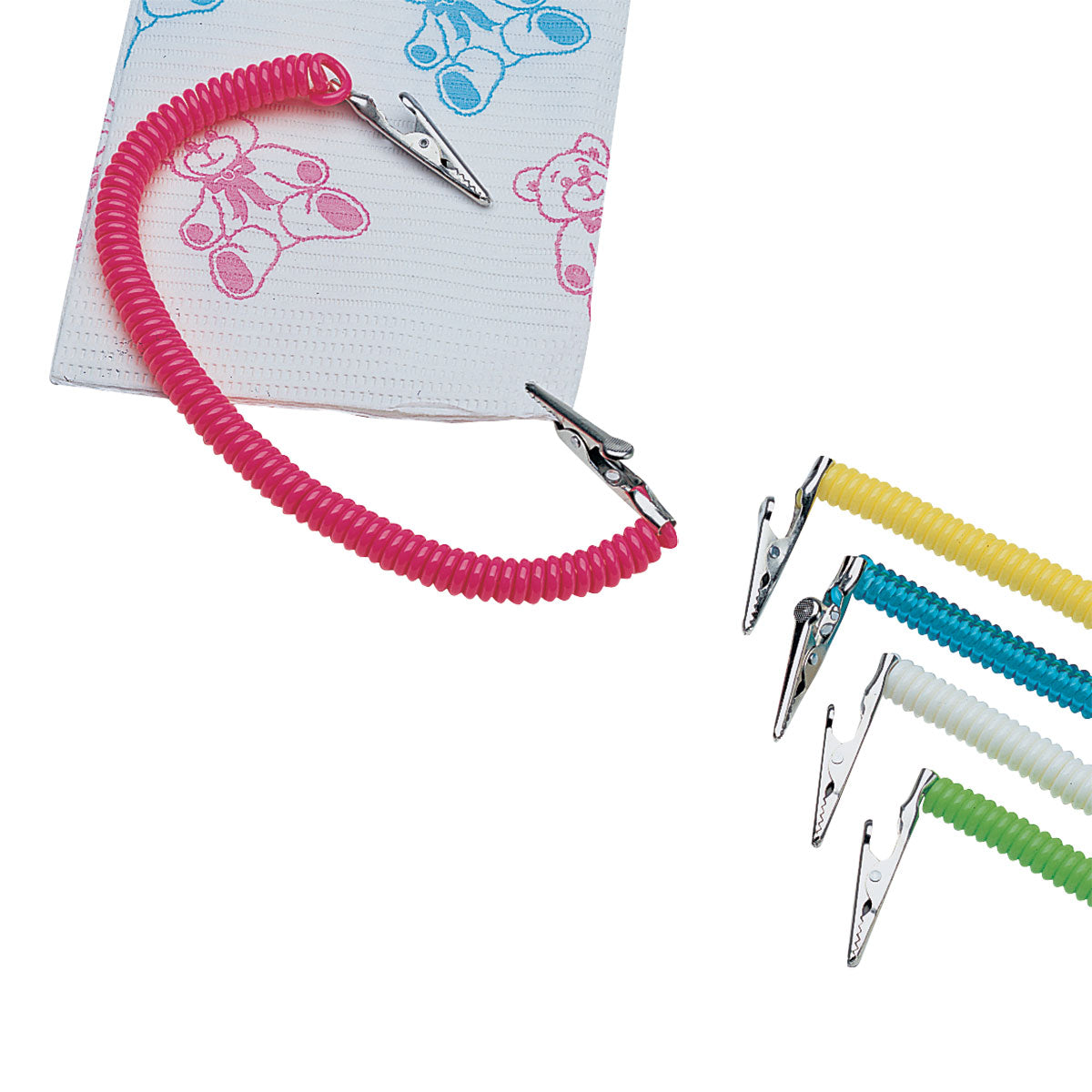 Coiled Bib Clips Shown With Bib